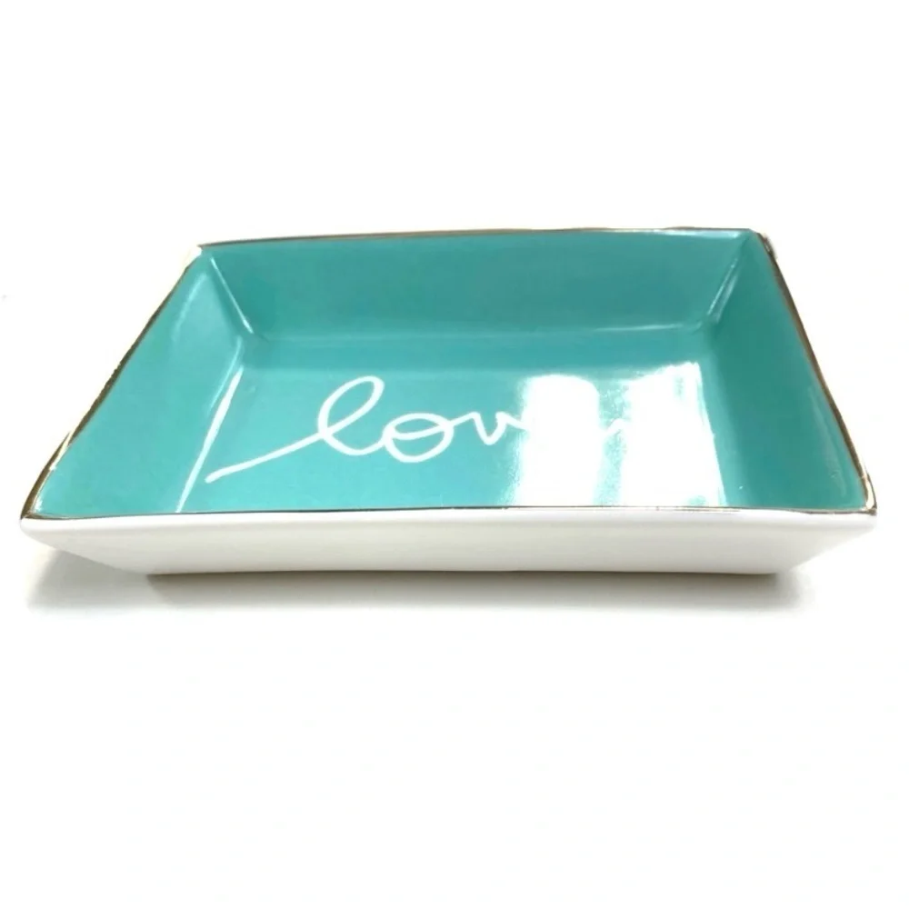 J. Crew Ceramic Trinket Dish Lovely Rectangular Mini Jewelry Plate in Blue